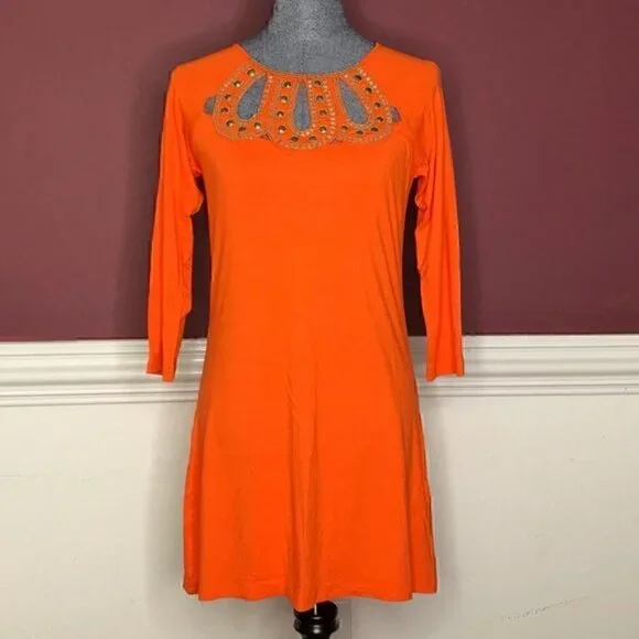 Joyous & Free Orange Beaded Shift Dress size small keyholes cute - Picture 3 of 4